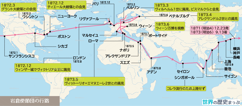 岩倉使節団の行路地図 ©世界の歴史まっぷ