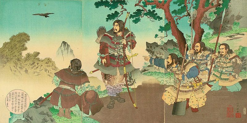 八咫烏に導かれる神武天皇（安達吟光画）