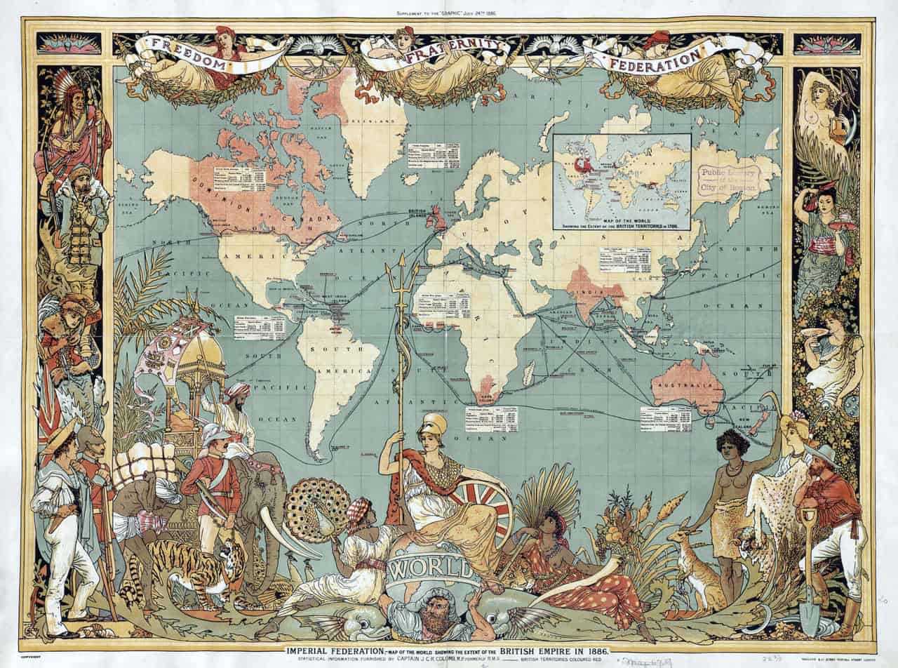 1886年の大英帝国の範囲を示す世界の帝国連合の地図