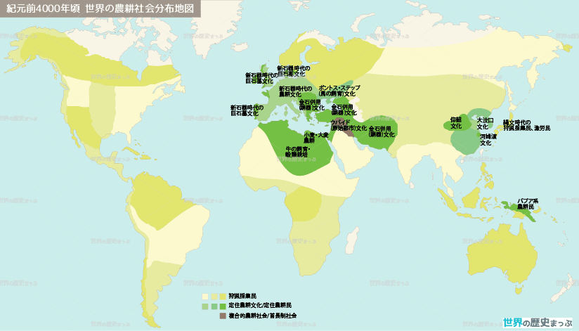 農耕・牧畜の開始 紀元前4000年頃の世界地図 紀元前4000年 世界の農耕社会分布地図