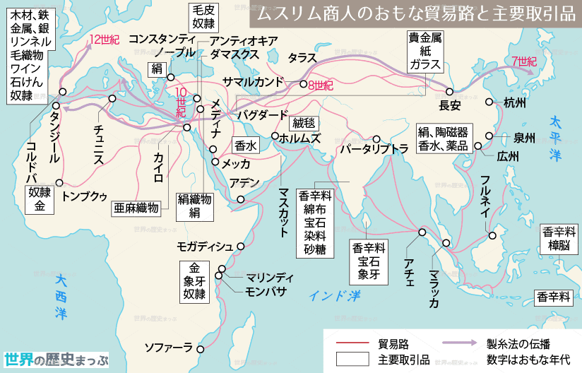 地中海世界の交流 産業と経済の発展 ムスリム商人 ムスリム商人のおもな貿易路と主要取引品地図