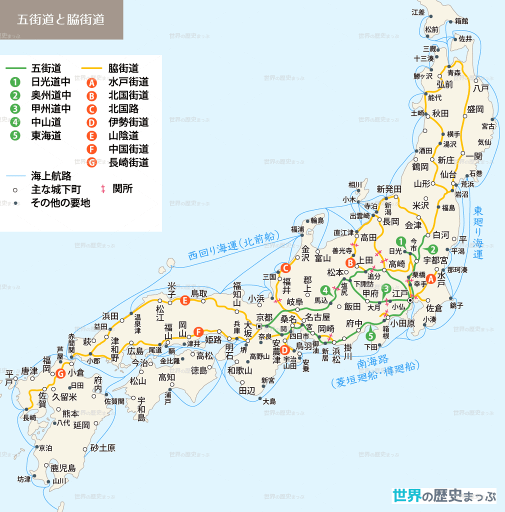 交通の整備 五街道と脇街道地図 廻米と交通