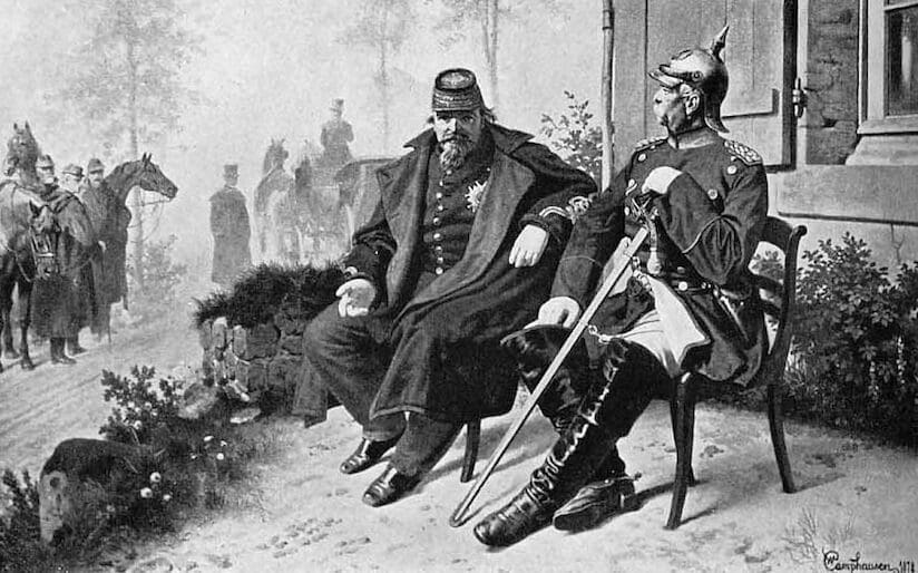 普仏戦争によって捕虜となったナポレオン（左）と会見するプロイセン王国宰相ビスマルク