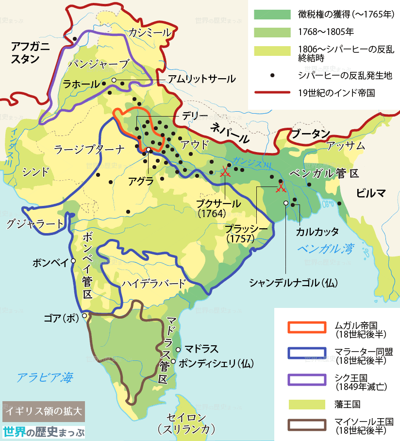 イギリス領の拡大地図 インド植民地化の進行