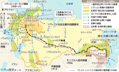 対ソ干渉戦争 赤軍 ロシア十月革命 ソヴィエト政権と戦時共産主義 革命期のロシアと対ソ戦争地図