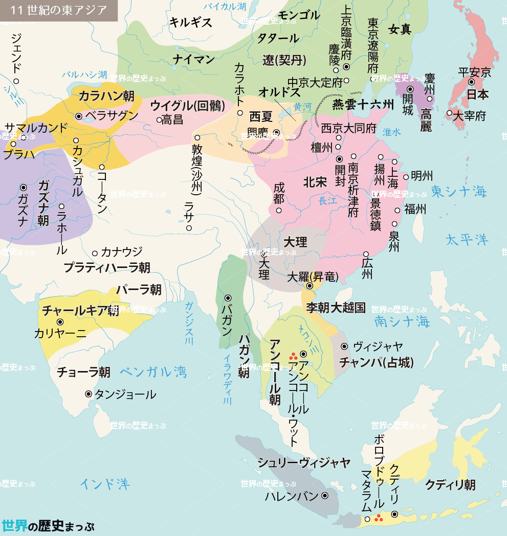 李朝 西夏遠征 甘州ウイグル王国 国際関係の変化 西夏の成立 遼の成立 宋の統一 遼朝 天山ウイグル王国 西夏 カラハン朝 北宋 11世紀の東アジア地図